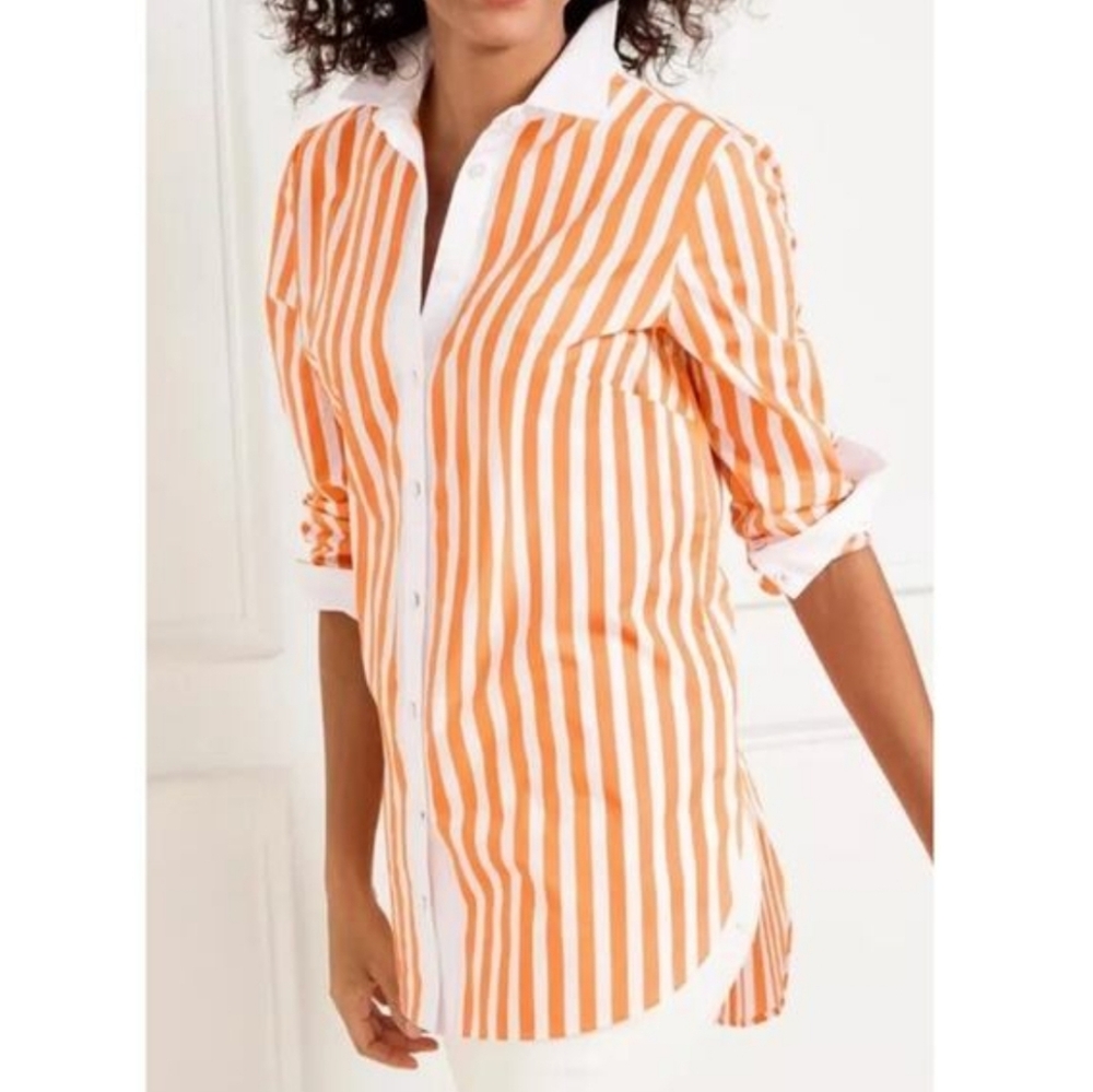 Talbots 100%. Cotton Boyfriend Button Up Shirt Sweet Stripe Orange Casual SP
